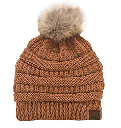 C.C Trendy Fuzzy Fleece Lined Warm Comfortable Soft Stretch Cable Knit Ribbed Faux Fur Pom Pom Beanie Hat - color: Toast Almond