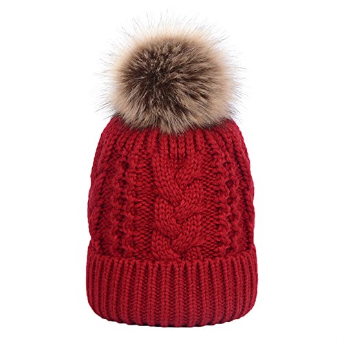 TOPTIE Slouchy Knit Beanie Hat for Women Faux Fur Pom Pom Fleece Lined - color: Maroon