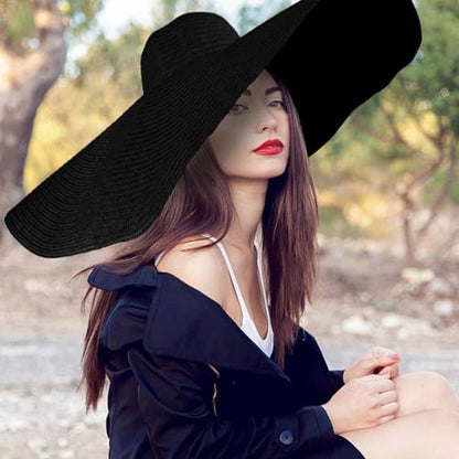 Lifup Straw Sun Hat for Women, Wide Brim Oversized Summer Beach Hat - color: Black
