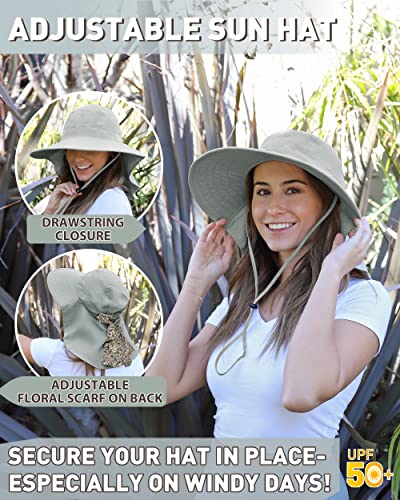 Tirrina Women's Sun Hat Wide Brim, UV Protection Sun Hats for Women - color: Grey W/ Floral Ribbon