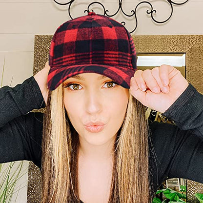 Womens Buffalo-Check Ball-Cap Red-Black-Plaid Baseball-Hat