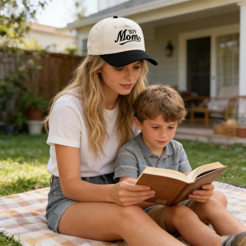 Embroidered Baseball Cap, Cotton Dad Hat, Fun & Heartfelt Stitching, Adjustable Casual Outdoor Hat for Men Women - color: Boy Mom - Black/Beige