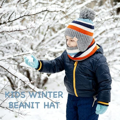 Beanie Knit Hats for Toddlers with Earflap Fleece Lined Hat Kids Warm Winter Hat Scarf Set Children's Thick Ski Cap - color: Rainbows-blue