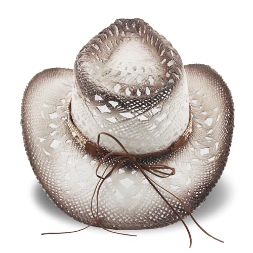 Foeran Men's Women's Straw Cowboy Hat Cowgirl Woven Sun Hat Western Cowboy Hat Two Decorative Bands - color: White-gravel