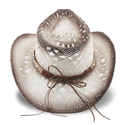 Foeran Men's Women's Straw Cowboy Hat Cowgirl Woven Sun Hat Western Cowboy Hat Two Decorative Bands - color: White-gravel