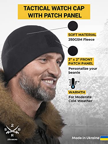 2SBR 2SABERS Fleece Winter Warm Watch Cap - Mens Outdoor Skull Beanie Hat - color: Black Patch Panel, size: Medium