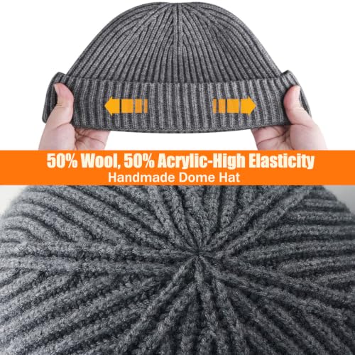 50% Wool Knit Short Fisherman Beanie for Men Women Warm Winter Hat - color: #Grey