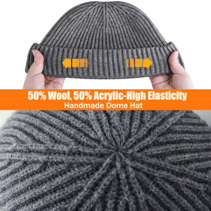 50% Wool Knit Short Fisherman Beanie for Men Women Warm Winter Hat - color: #Grey
