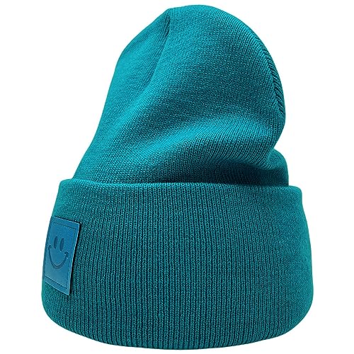 55cube Unisex Knit Cuffed Beanie Hats Warm Winter Caps with Leather Logos - color: Peacock Green