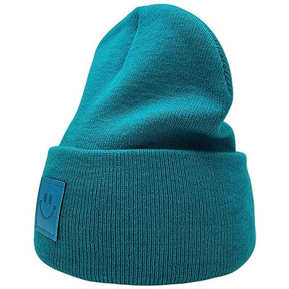 55cube Unisex Knit Cuffed Beanie Hats Warm Winter Caps with Leather Logos - color: Peacock Green