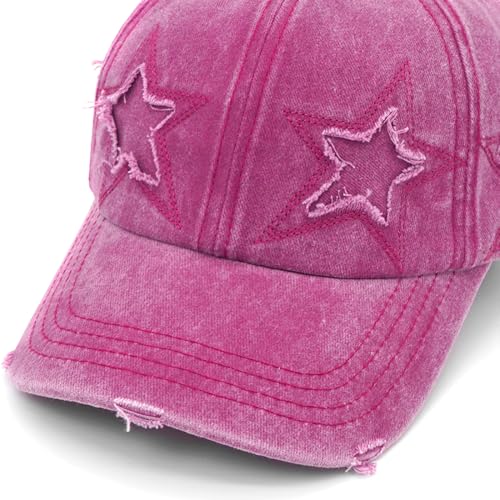 Retro Washed Distressed Baseball Cap with Five Pointed Stars for Women Men - color: Rose Red