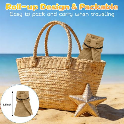 ZOORON Girls Straw Sun Visor Hat, Wide Brim Ponytail Beach Hat with Bow - color: Khaki