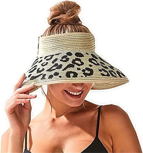 Women Sun Visors Wide Brim Foldable Packable Ponytail Beach Hat Straw Leopard Roll Up Bow Visor Sun Hats - color: Beige