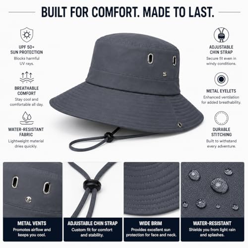 AVYZA CO. Wide Brim Sun Hat for Men & Women UPF 50+ Lightweight Waterproof Hat for Fishing & Hiking - color: Grey