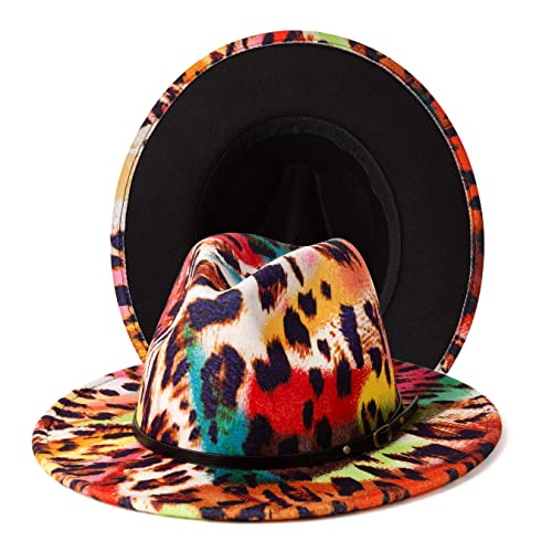Women Two Tone Wide Brim Fedora Felt Panama Hat - color: Color Leopard/Black