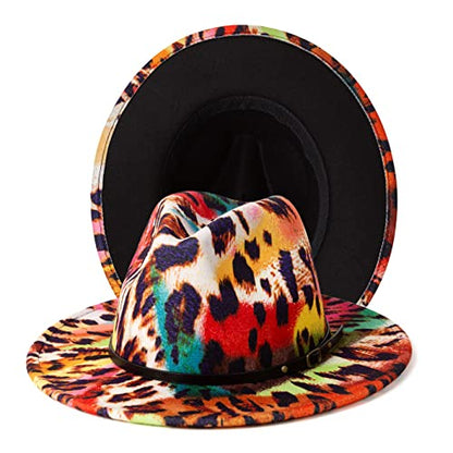 Women Two Tone Wide Brim Fedora Felt Panama Hat - color: Color Leopard/Black