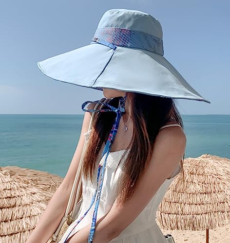 HUAMULAN Wide Brim Women Summer Sun Floppy Hat Reversible Beach Bucket Hat - color: M2446-blue