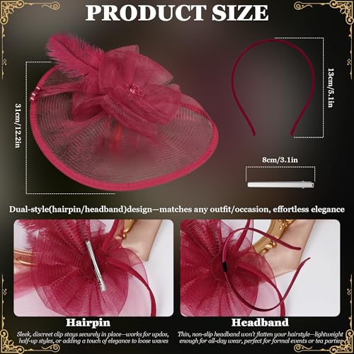 Fascinators Hats for Women Tea Party Hat Vintage Feather Mesh Headband Hair Clip Flower Headwear for Wedding Cocktail Church - color: Wine Red
