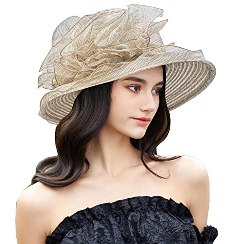 Organza Kentucky Fascinator Hat for Women - Derby Cocktail Tea Party Sun Hat Wedding Bridal Flower Church Hat Packable - color: Khaki