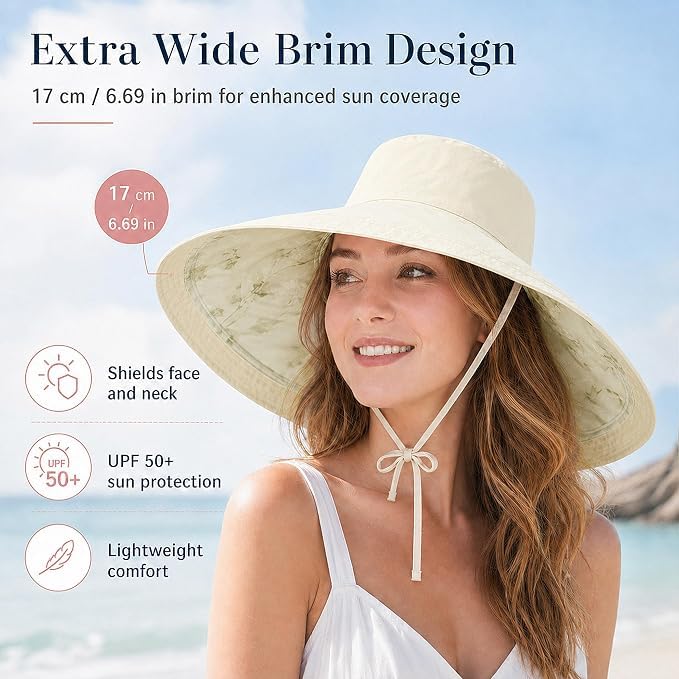 Wide Brim Sun Hat for Women Reversible Beach Bucket Summer Hats Ponytail - color: Beige