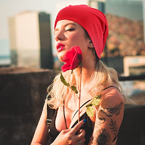 DOOVID Slouchy Beanie for Women Men Baggy Beanie Hats Casual Stretch Knit Hip-Hop Skull Caps - color: Red