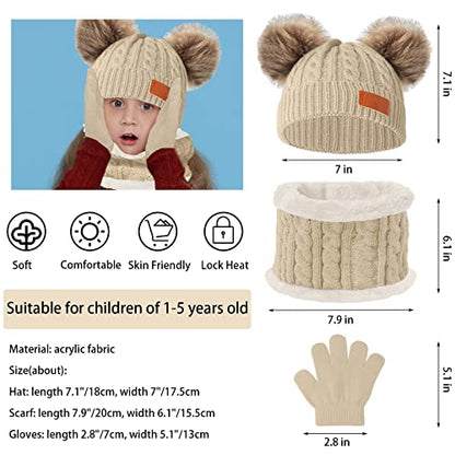 Kids Winter Beanie Hat Scarf Gloves Set,Toddlers Knit Winter Warm Double Pompom Cap Scarf Gloves for Girls Boys 1-5 Years Old - color: Beige