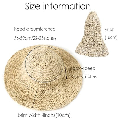 Womens Beach Sun Straw Hat Summer Floppy Wide Brim Foldable Packable - color: Aa Khaki
