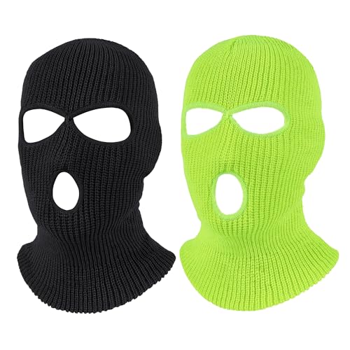 Pukavt 2 Pack 3 Hole Winter Knitted Mask, Ski Mask Balaclava Cap - color: Black/Fluorescent Yellow