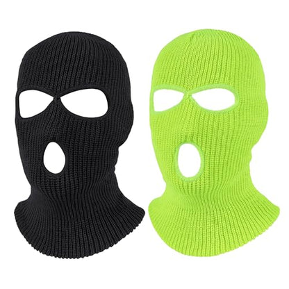 Pukavt 2 Pack 3 Hole Winter Knitted Mask, Ski Mask Balaclava Cap - color: Black/Fluorescent Yellow