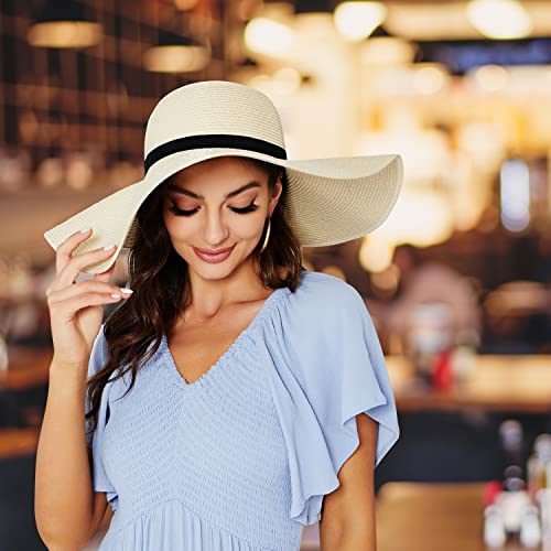 Women Wide Brim Sun Hat UPF50 Straw Summer Hat Floppy Beach Hat Roll-Up - color: Khaki