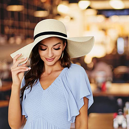 Women Wide Brim Sun Hat UPF50 Straw Summer Hat Floppy Beach Hat Roll-Up - color: Khaki