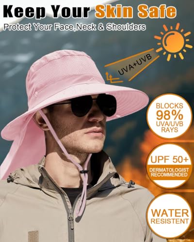 Outdoor Sun Hats with Stowable Neck Flap for Men Women UPF 50+ Mesh Summer Bucket Hat Wide Brim for Fishing Safari Hiking - color: Pink