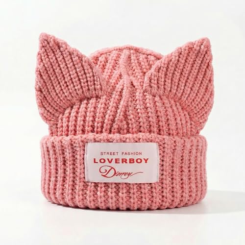 Cat Ear Beanie Y2K Cute Knit Hat with Ears Warm Crochet Hat Skull Cap for Women Men - color: Pink
