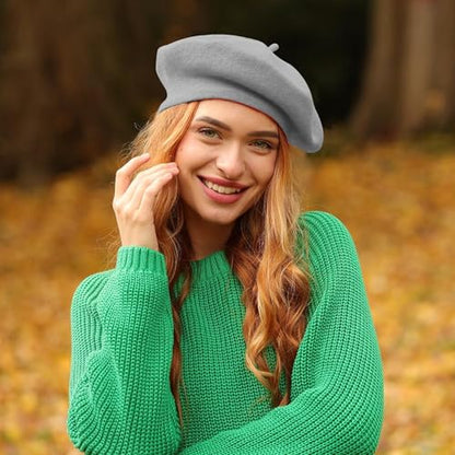 Lanzom Wool Blend Women Beret Hat French Beret Cap Winter Fashion Solid Color Hat for Women Girls Lady - color: Light Grey