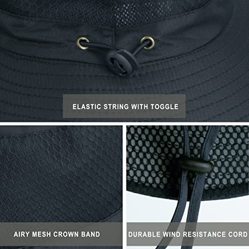 Mens Sun Hat Wide Brim Breathable Mesh UPF 50+ Waterproof Fishing Hat Safari Hat Foldable Boonie Cap - color: Black