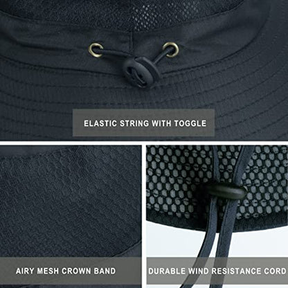 Mens Sun Hat Wide Brim Breathable Mesh UPF 50+ Waterproof Fishing Hat Safari Hat Foldable Boonie Cap - color: Deep Gray