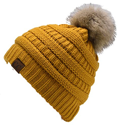 C.C Trendy Fuzzy Fleece Lined Warm Comfortable Soft Stretch Cable Knit Ribbed Faux Fur Pom Pom Beanie Hat - color: Mustard Yellow