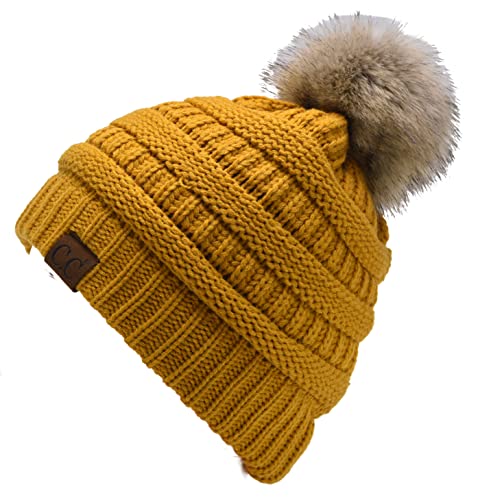 C.C Trendy Fuzzy Fleece Lined Warm Comfortable Soft Stretch Cable Knit Ribbed Faux Fur Pom Pom Beanie Hat - color: Mustard Yellow
