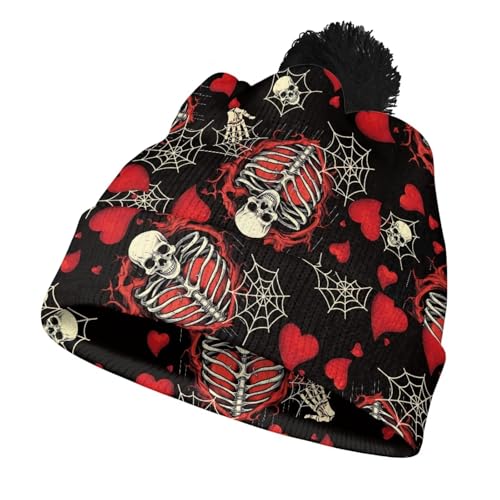 Cute Winter Hats for Women Cold Weather Knit Beanies for Women with Pom Pom - color: Gothic Skeleton Spider Web and Heart