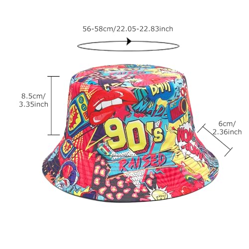Printed Bucket Hat - Reversible Packable Summer Travel Beach Sun Cap for Men Women Teens - color: 90s Graffiti