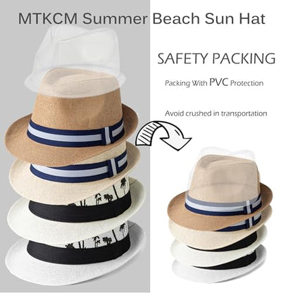 4 Pack Short Brim Straw Fedora Summer Beach Sun Hat Men - color: 4 Pcs Set D