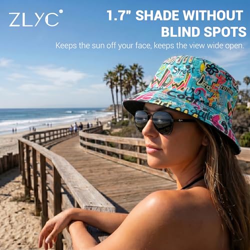 ZLYC Printed Bucket Hat for Women Men Packable Summer Sun Hat for Beach - color: Street Art Blue