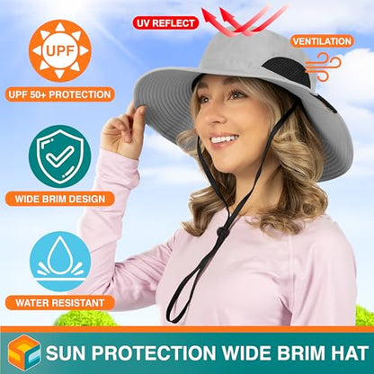 SUN CUBE Wide Brim Sun Hat for Men & Women, UPF 50+ UV Protection, Mesh Boonie Hat with Chin Strap, Fishing Hiking Hat - color: Light Grey