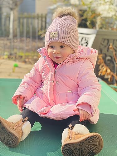Funky Junque Mommy & Me Double Pom Beanies 3-Pack Matching Winter Hats for Mom, Toddler & Infant Girls, Cozy Knit Family Set - color: Adult/Toddler (Single Pom)/Infant (Double Pom) - Diagonal Stripes - Rose (3 Pack)