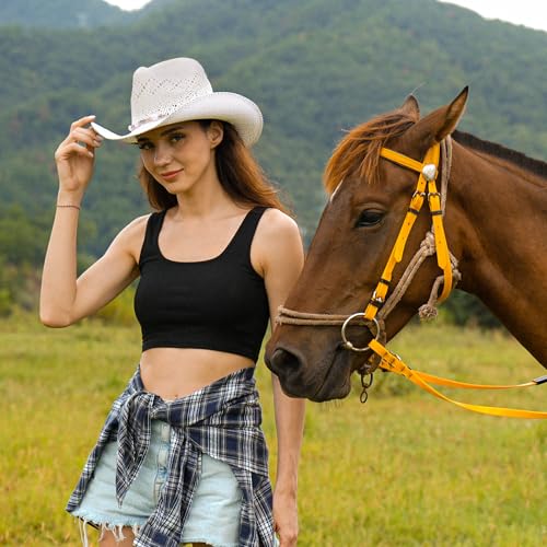 Straw Cowboy Hat for Men and Women Cowgirl Cowboys Cowgirls Woven Crease for Western Gift Gifts - color: Brown Write Four
