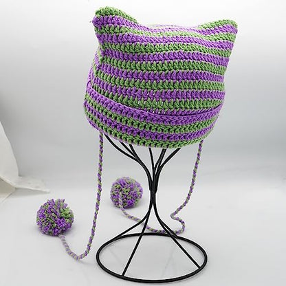 XYIYI Crochet Hats for Women Fox Knit Hat with Pompoms Grunge Goth Accessories Slouchy Beanies for Women Girls - color: Purple Green