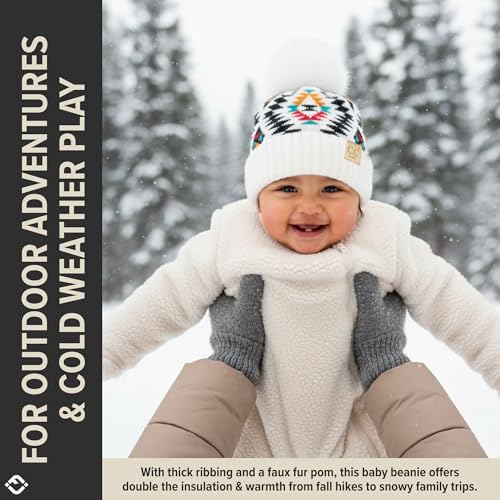 Funky Junque Baby Pom Pom Beanie – Soft Knit Infant Winter Hat for Baby Girls & Boys, Cozy Warm Newborn Beanie 0–12 Months - color: Aztec Pattern - White