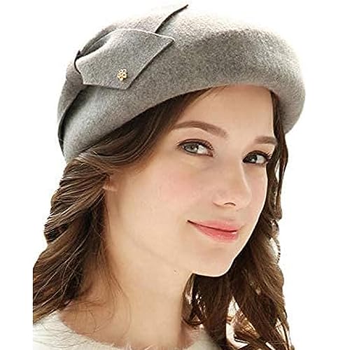 Women Vintage Bowknot Berets with Beading Autumn Winter French Artist Hat Painter Hats Female Bowler Hat Warm Cap - color: Gray