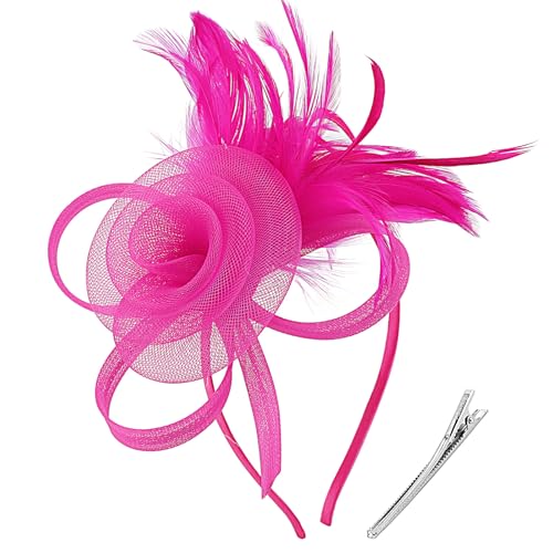 DRESHOW Fascinators Hats for Women Tulle Feather Tea Party Fascinator Hats - color: Rose Red