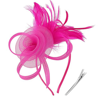 DRESHOW Fascinators Hats for Women Tulle Feather Tea Party Fascinator Hats - color: Rose Red